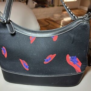 Vintage "Red Hat" Society Themed Handbag Canvas Trimmed in Vegan Leather - EUC